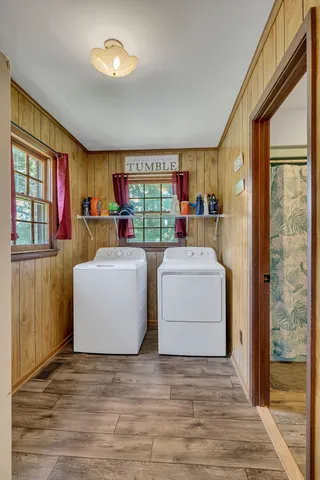 a view of living room and washer dryer