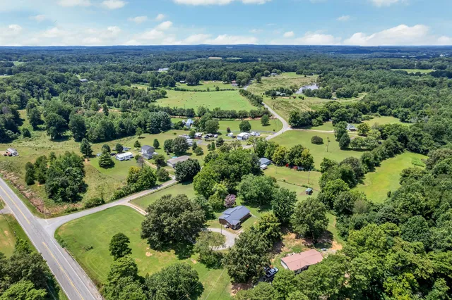 an aerial view of green landscape with trees houses and mountain view