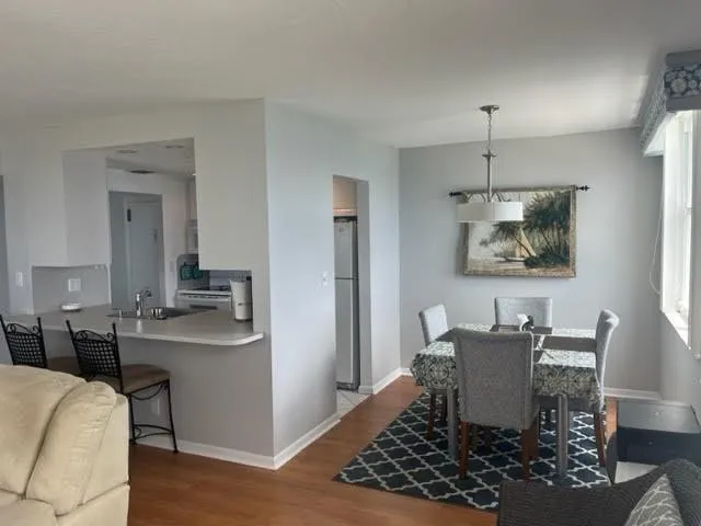 a dining room with furniture a rug and wooden floor