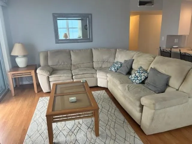 a living room with a couch and a potted plant