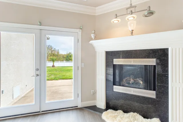 a large kitchen with a large window