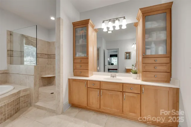 a bathroom with a tub and a shower