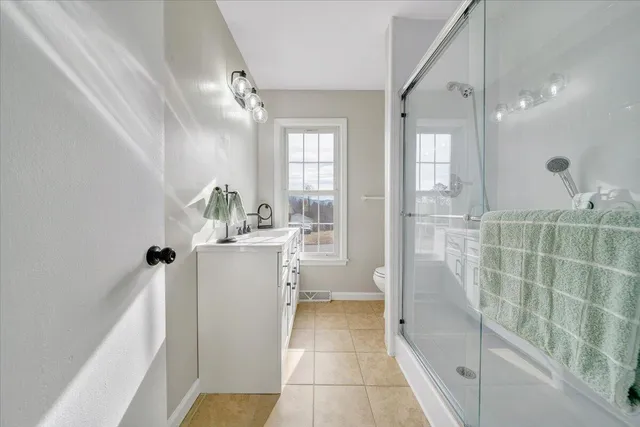 a bathroom with a sink a toilet a mirror and shower