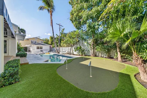 a view of a swimming pool with a yard