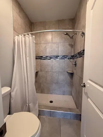 a bathroom with a shower and a toilet