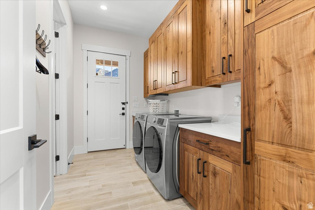 1210 East Bristle Cone Road Pine Valley, UT 84781 - Photo 17 of 54 Laundry room featuring light wood-like tile flooring, cabinet space, independent washer and dryer, and recessed lighting