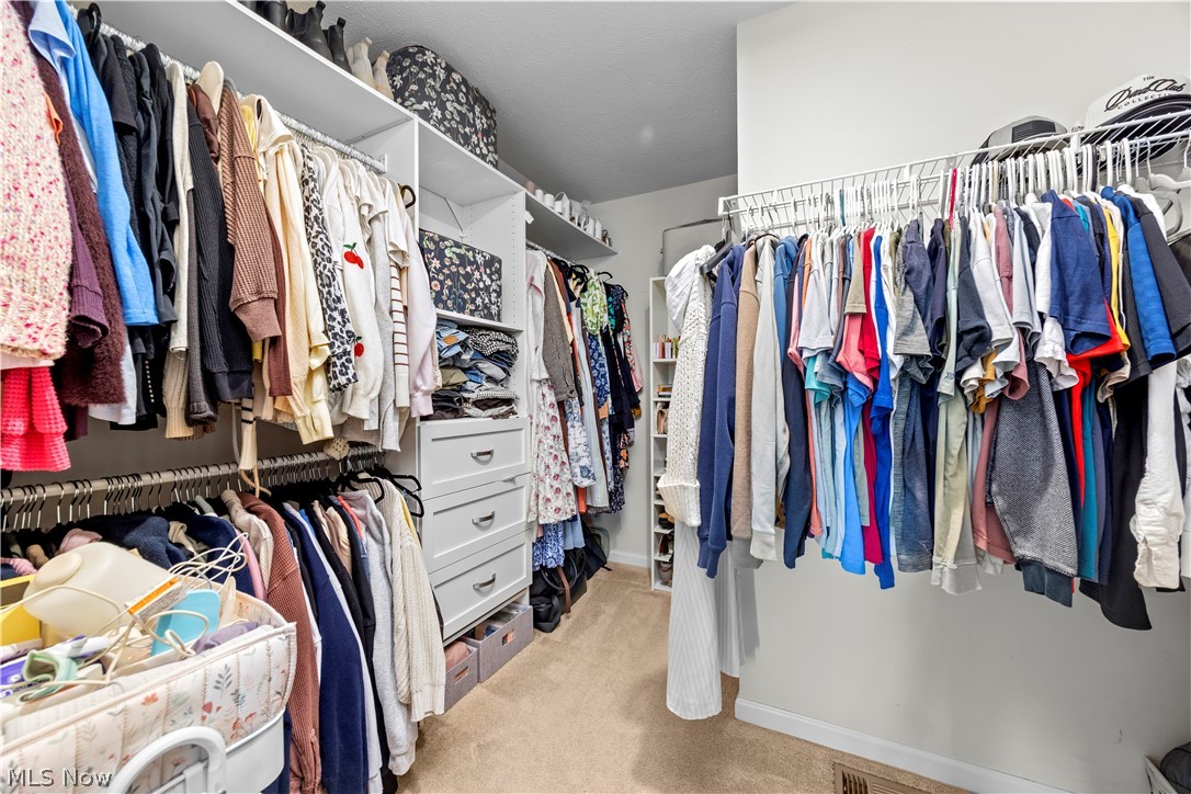 2161 Fowl Road Elyria, OH 44035 - Photo 20 of 46 Walk-in closet featuring white built-in shelving, multiple hanging rods, integrated drawers, and neutral carpeting