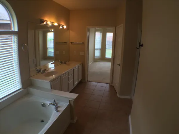 a bathroom with a tub a sink and a mirror