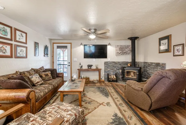 a living room with furniture a flat screen tv and a fireplace