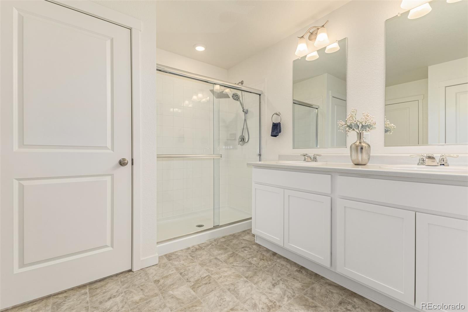 773 Allium Street Watkins, CO 80137 - Photo 22 of 46 a bathroom with a shower sink and mirror