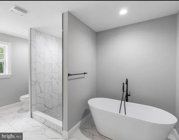a bathroom with a white bath tub a shower and toilet