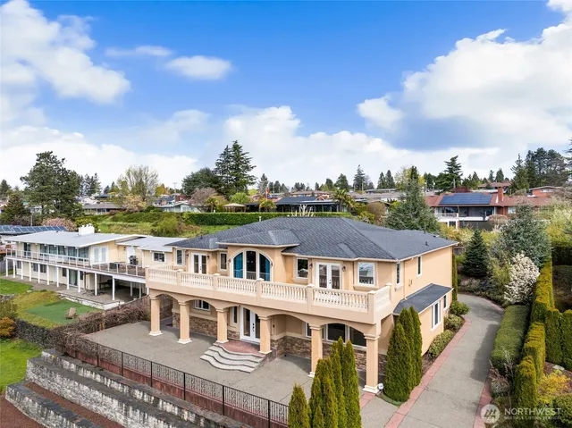 a view of a city with a building in the background