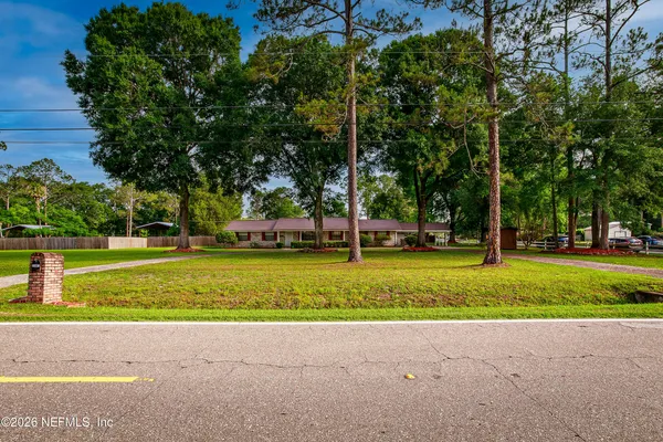 a view of a park with large trees