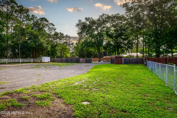 a view of a backyard with large trees and wooden fence