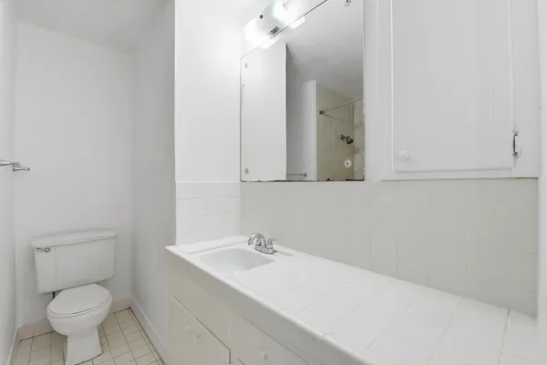 a bathroom with a sink a toilet and mirror