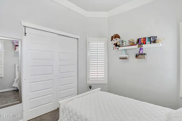 a bedroom with a bed a flat screen tv and a bookshelf