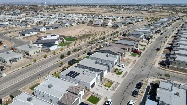an aerial view of a swimming pool