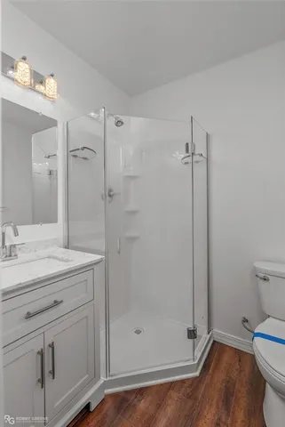 a bathroom with a shower a sink a toilet and a mirror