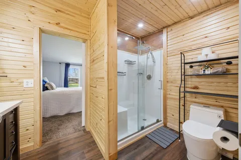a bathroom with a shower and a toilet