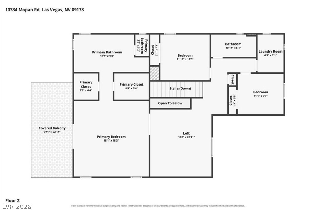 10334 Mopan Road Las Vegas, NV 89178 - Photo 28 of 28 Second floor plan showing the primary suite, two secondary bedrooms, loft, and covered balcony.