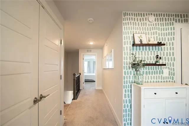 a view of a bathroom with a walk in closet and wooden floor