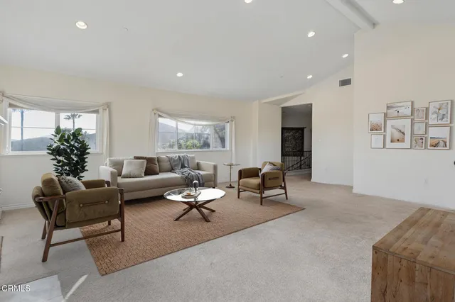 a living room with furniture and a potted plant