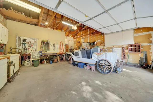 a view of a backyard with large trees