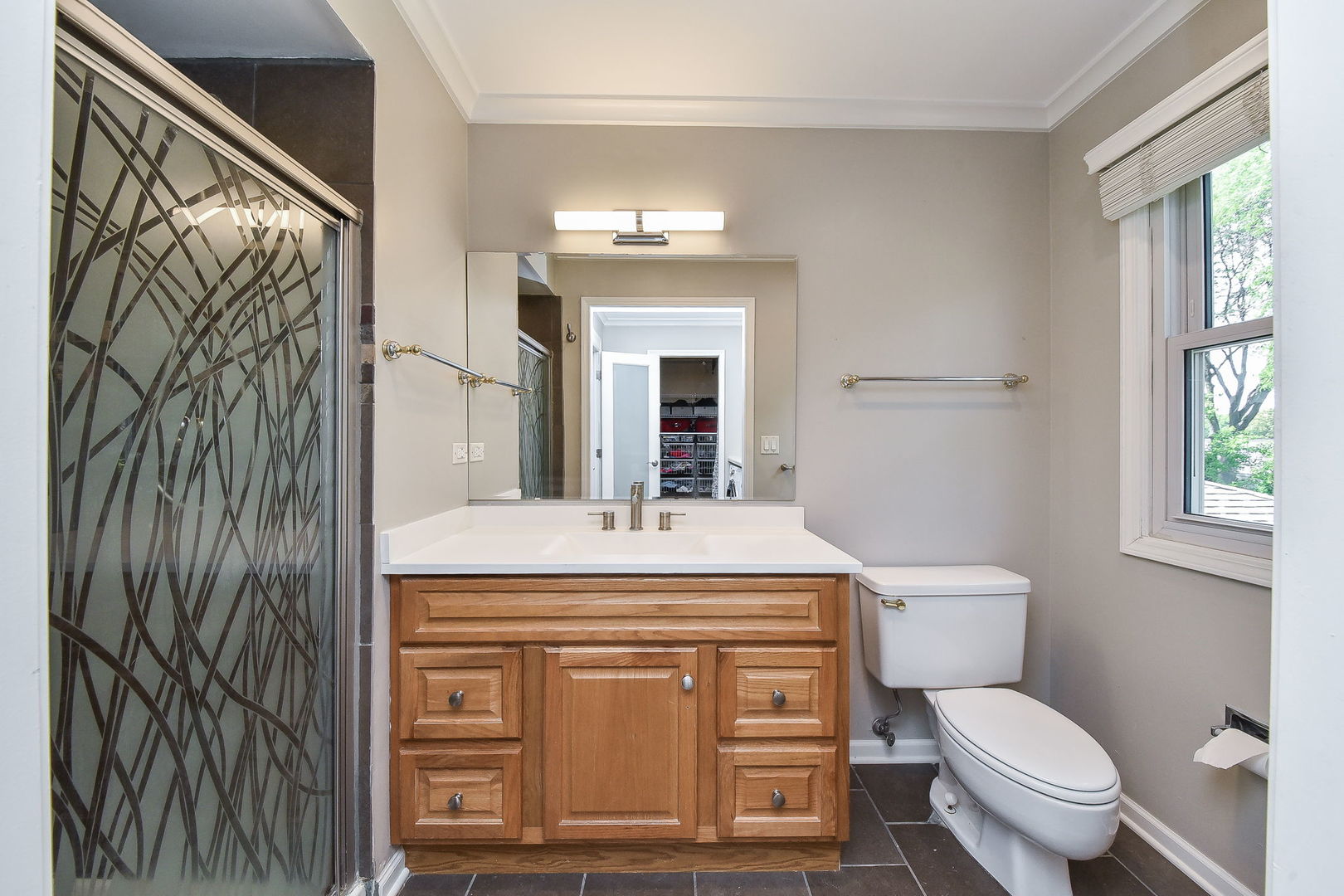 1325 Culpepper Drive Naperville, IL 60540 - Photo 20 of 34 a bathroom with a granite countertop sink a toilet and a mirror