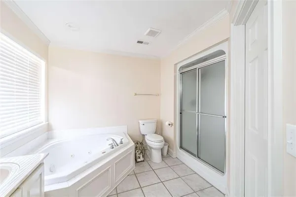 a bathroom with a bathtub and a toilet