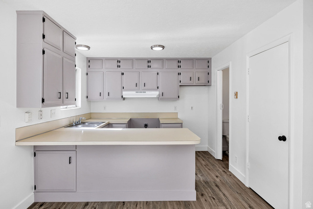 283 West 600 North, Unit 2 Logan, UT 84321 - Photo 13 of 36 Kitchen featuring light gray cabinetry with black hardware, complementing countertops, a stainless steel double basin sink, and wood-finish flooring