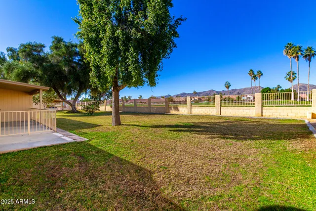 a view of a yard with swimming pool