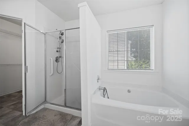 a bathroom with a bathtub and a shower