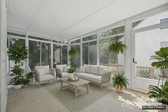 a living room with furniture and a potted plant