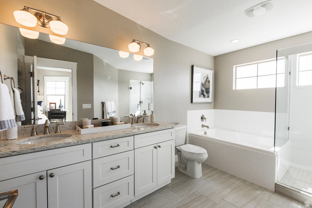 252 East Sandy Sage Way Sandy, UT 84070 - Photo 21 of 36 Primary Bath, Dual vanity with light-toned countertop, undermount sinks, and brushed nickel fixtures