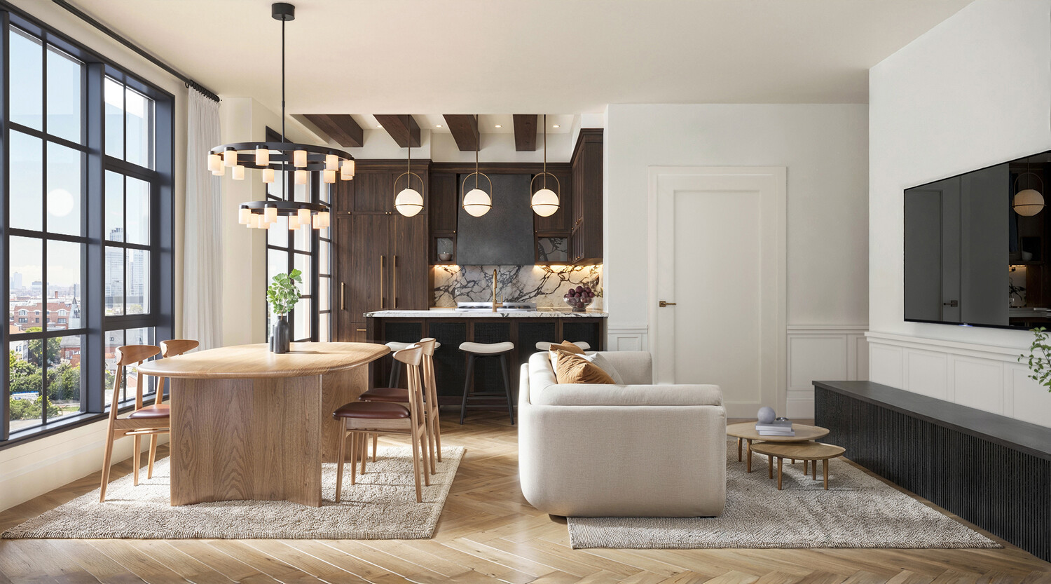 402 Union Avenue, Unit 4 Brooklyn, NY 11211 - Photo 4 of 9 a living room with furniture a flat screen tv and a floor to ceiling window