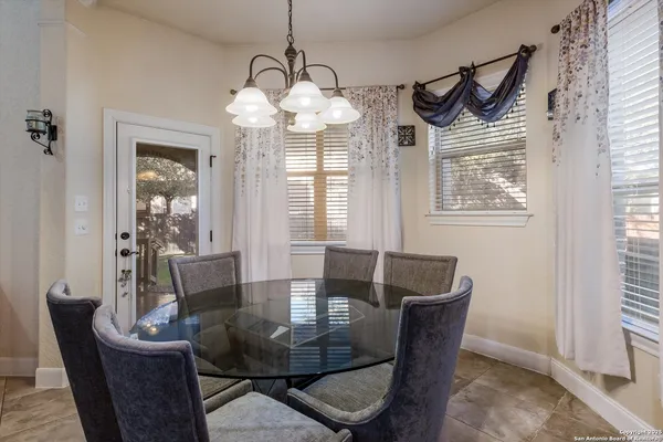 a view of a dining room with furniture window and outside view