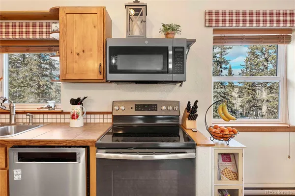 a kitchen with a stove and a microwave