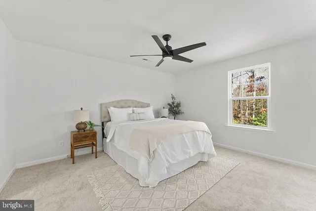 a bedroom with a bed and a potted plant