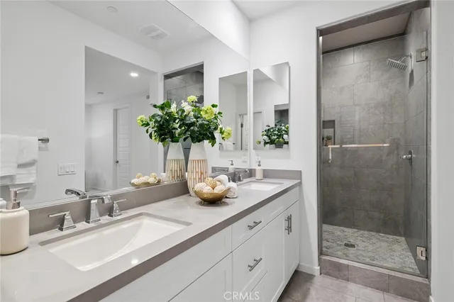 a bathroom with a sink a shower and a mirror