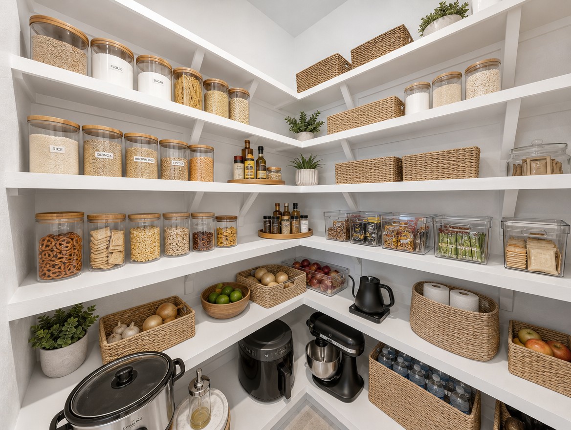 1440 Riva Ridge Drive Leander, TX 78641 - Photo 18 of 37 Organized white shelves provide generous storage, enhancing the kitchen's functionality.