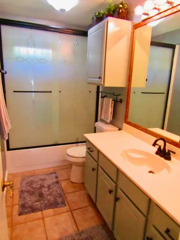 a bathroom with a sink a toilet and mirror