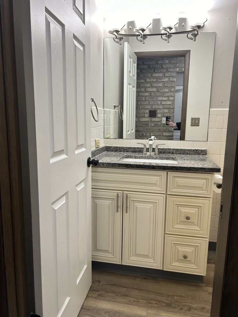 235 North Mill Road, Unit 114B Addison, IL 60101 - Photo 17 of 28 a bathroom with a granite countertop sink and a mirror