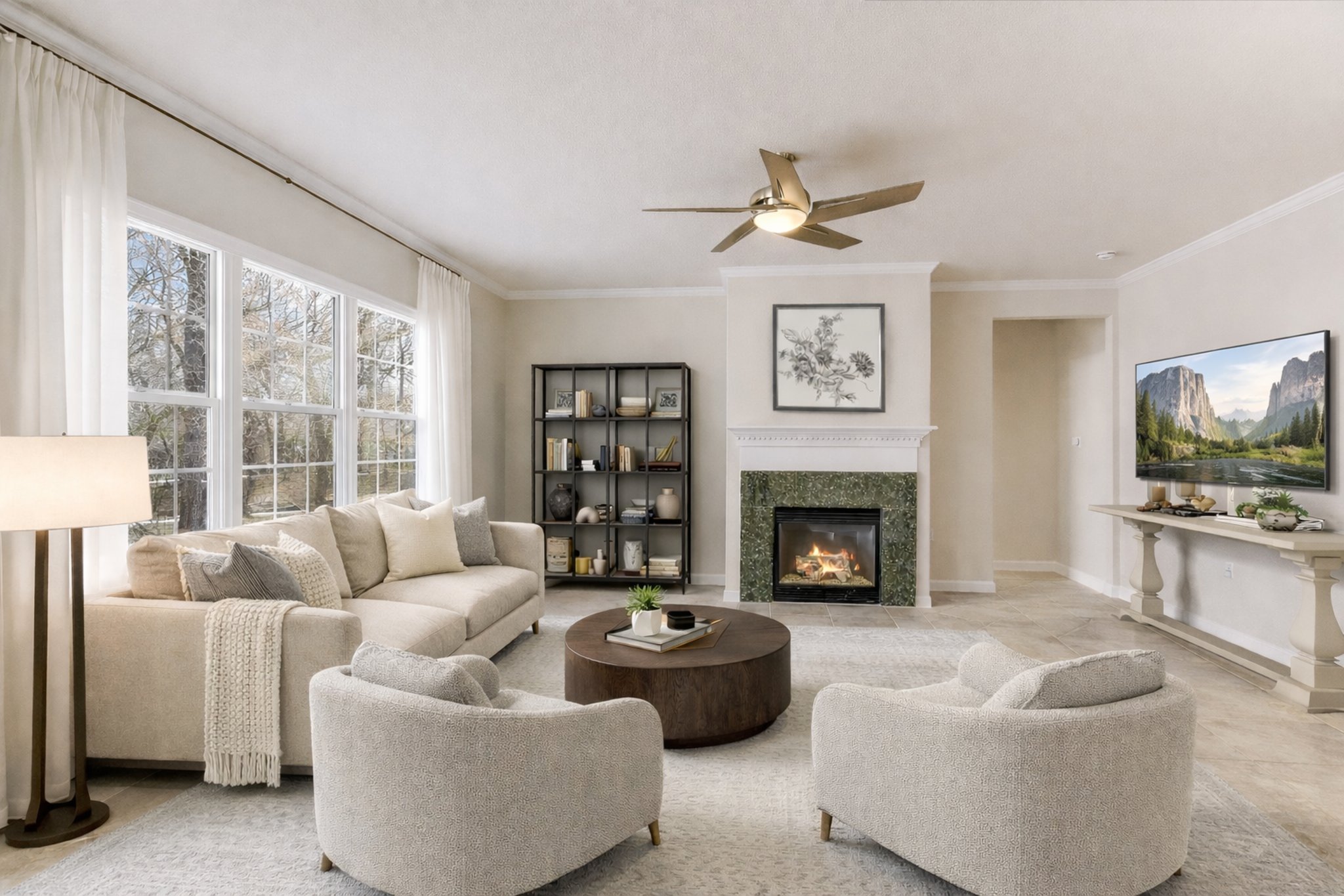 418 Monarch Trail Georgetown, TX 78633 - Photo 3 of 24 a living room with furniture a flat screen tv and a fireplace