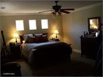 a bedroom with a bed and a chandelier fan