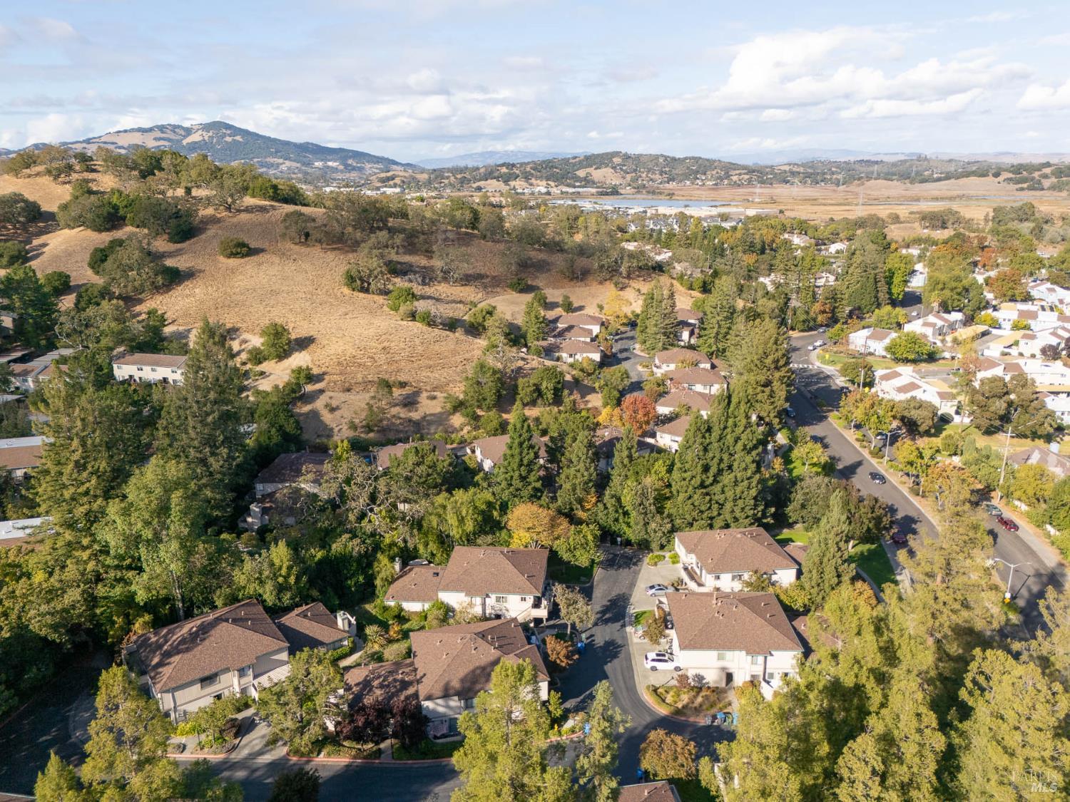 an aerial view of residential houses with outdoor space