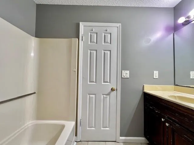 a bathroom with a tub sink vanity and a mirror