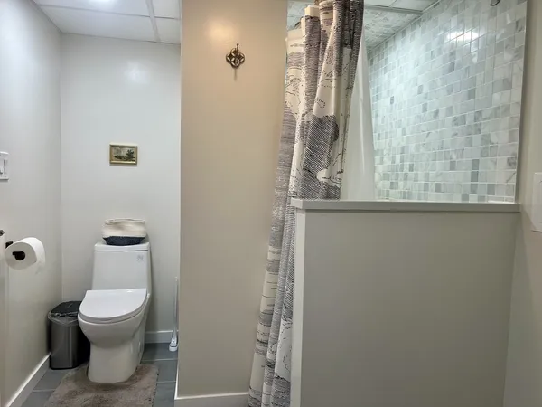 a bathroom with a toilet and a shower
