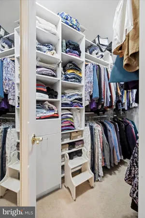 a view of walk in closet with clothes and shoes