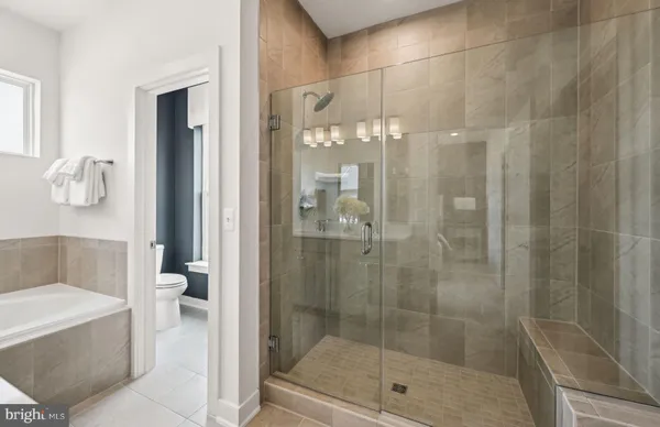a bathroom with a shower and a toilet
