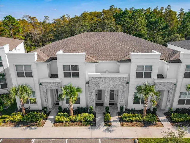a aerial view of a house with a yard and potted plants